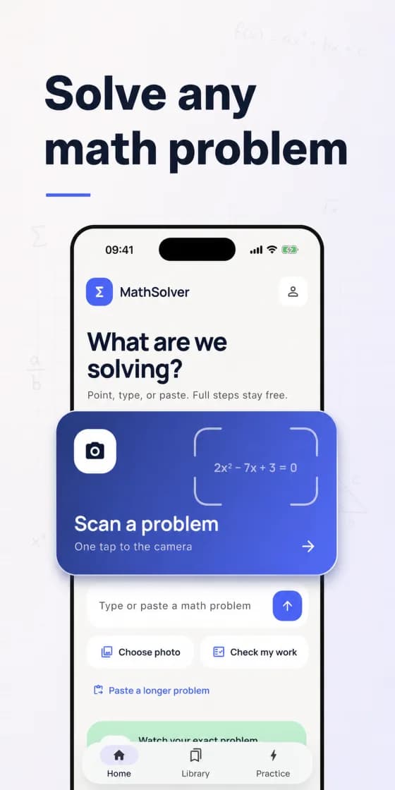 Aplikasi MathSolver yang menampilkan pilihan kamera, foto, input teks, dan pemeriksaan pekerjaan